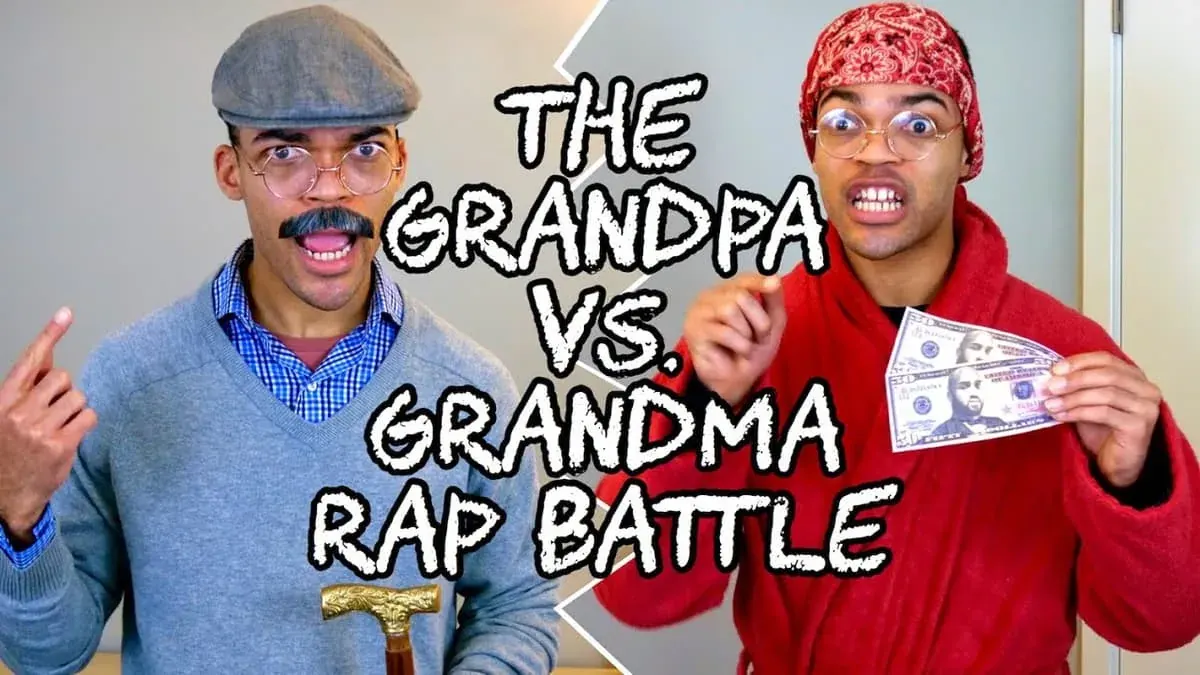 Split-screen promo image with two men and text reading 'The Grandpa vs. Grandma Rap Battle Split-screen promo image with two men and text reading 'The Grandpa vs. Grandma Rap Battle