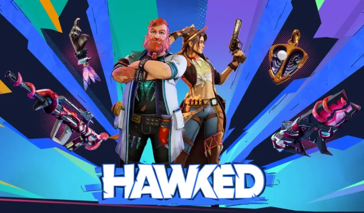 Stylized game artwork for HAWKED with two central characters, used on a gaming influencer marketing agency page Stylized game artwork for HAWKED with two central characters, used on a gaming influencer marketing agency page