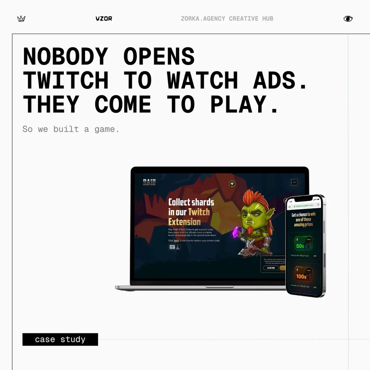 Laptop and phone showing a game ad beside the headline about Twitch users coming to play, not watch ads Laptop and phone showing a game ad beside the headline about Twitch users coming to play, not watch ads
