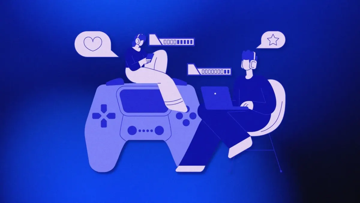 Illustration of two people with a game controller, laptop, and chat icons for mobile game revenue and player engagement analysis. Illustration of two people with a game controller, laptop, and chat icons for mobile game revenue and player engagement analysis.
